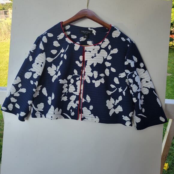 Perceptions Womens Navy White Floral Cropped Open Front 3/4 Sleeve Bolero Sz 18 - Picture 1 of 8